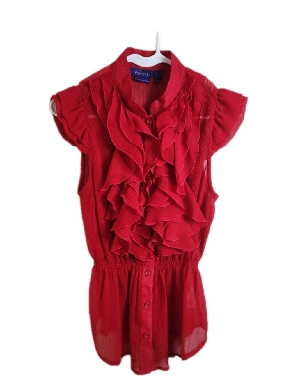 Y2k Miley Cyrus Red Ruffle Button Down Sheer Top Size Large